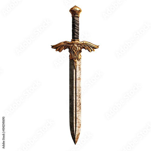 Intricately designed sword with ornate details and a metallic sheen, isolated on a white background.