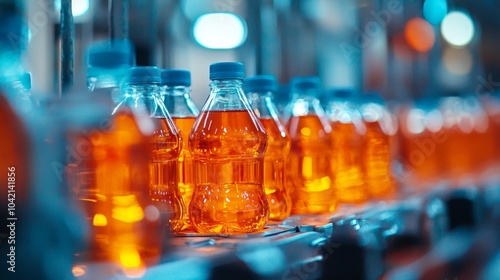 Orange juice bottles on a production line in a factory