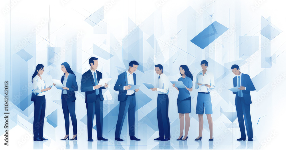 A group of professionals engaged in discussion and collaboration isolated on white background, set against a modern, abstract background. A group of professionals engaged in discussion and collaboration isolated on white background, set against a modern, abstract background.