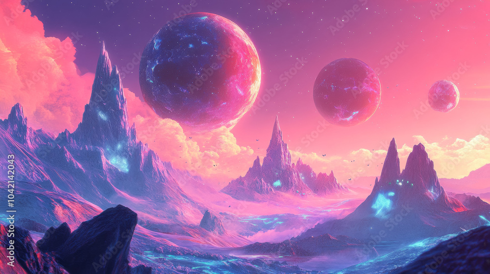 Fototapeta premium Surreal alien landscape with colorful skies and majestic planets