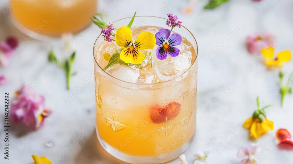 Refreshing summer cocktail decorated with edible flowers on marble background Refreshing summer cocktail decorated with edible flowers on marble background