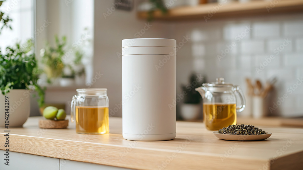 3D model mockup template Clean Kitchen Setting with White Whey Protein Container 3D model mockup template Clean Kitchen Setting with White Whey Protein Container