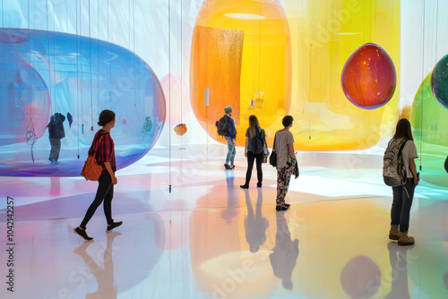 Visitors exploring contemporary art installation with vibrant colorful spheres