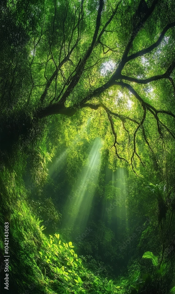 Obraz premium Sunlight streams through dense forest canopy.