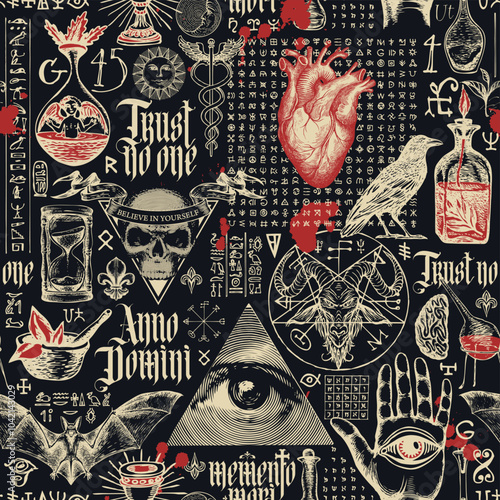 Vintage hand-drawn seamless pattern on occultism, alchemy and witchcraft. Abstract masonic background. Latin phrases translated Think about death, From Nativity of Christ