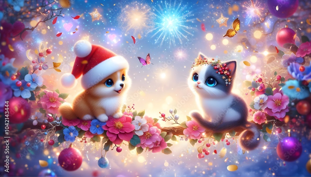 Fototapeta premium Cute Kitten and Puppy on Branch with Flowers - Festive Christmas Image