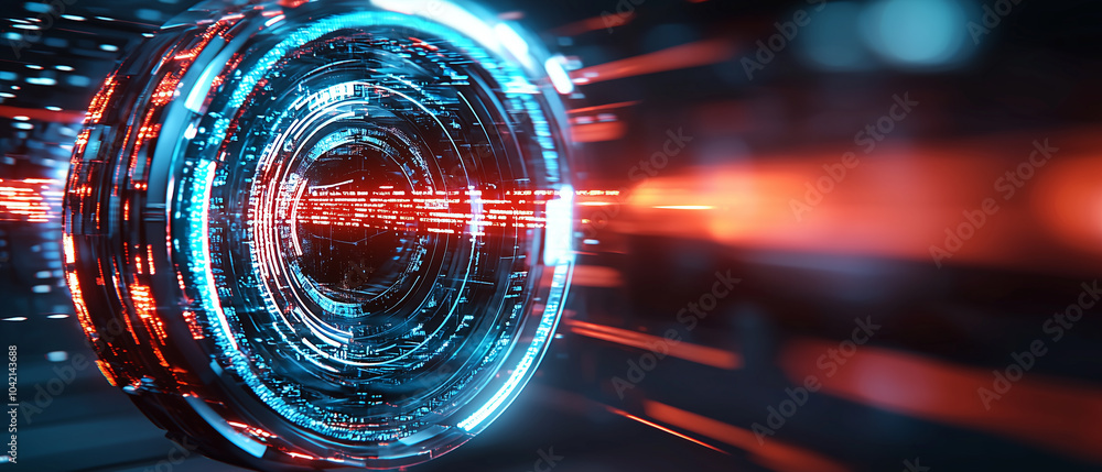 futuristic digital interface with glowing blue and red lights ...