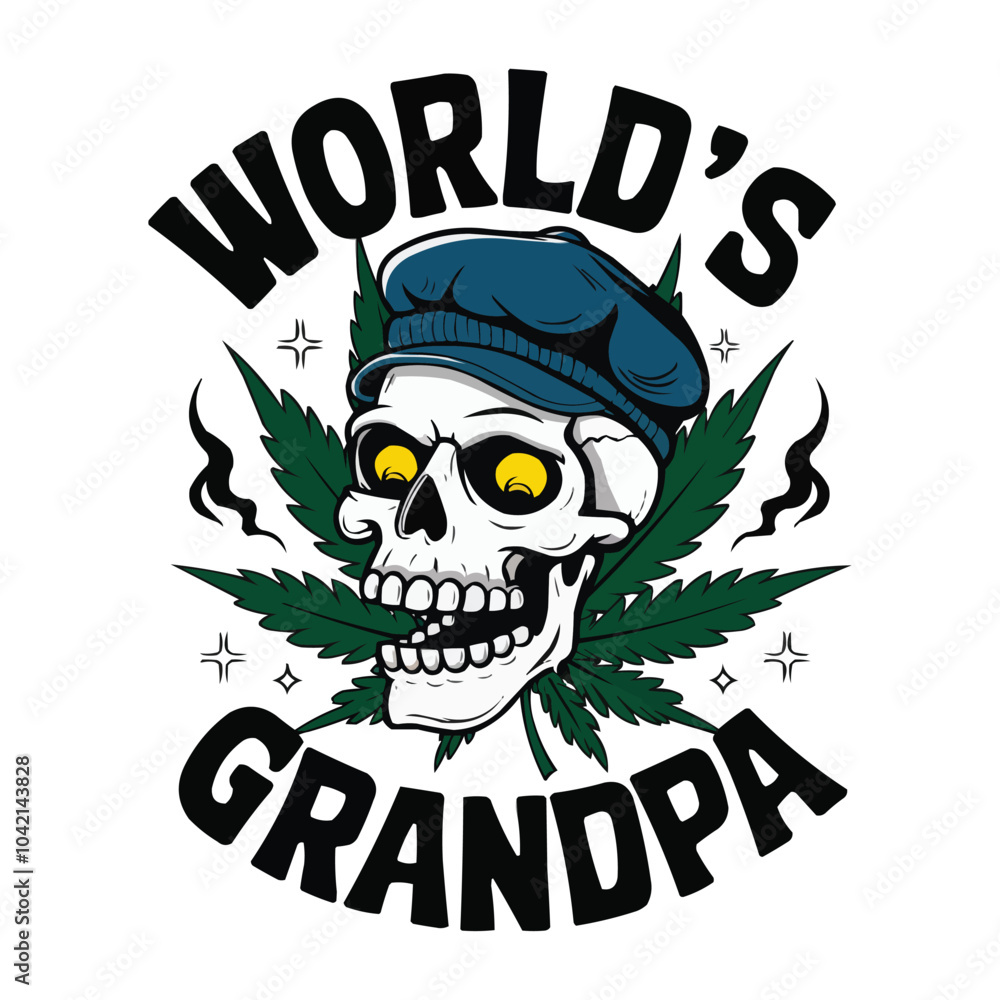 Fototapeta premium World’s Dopest Grandpa cannabis leaf t-shirt featuring a skull wearing a grandpa cap