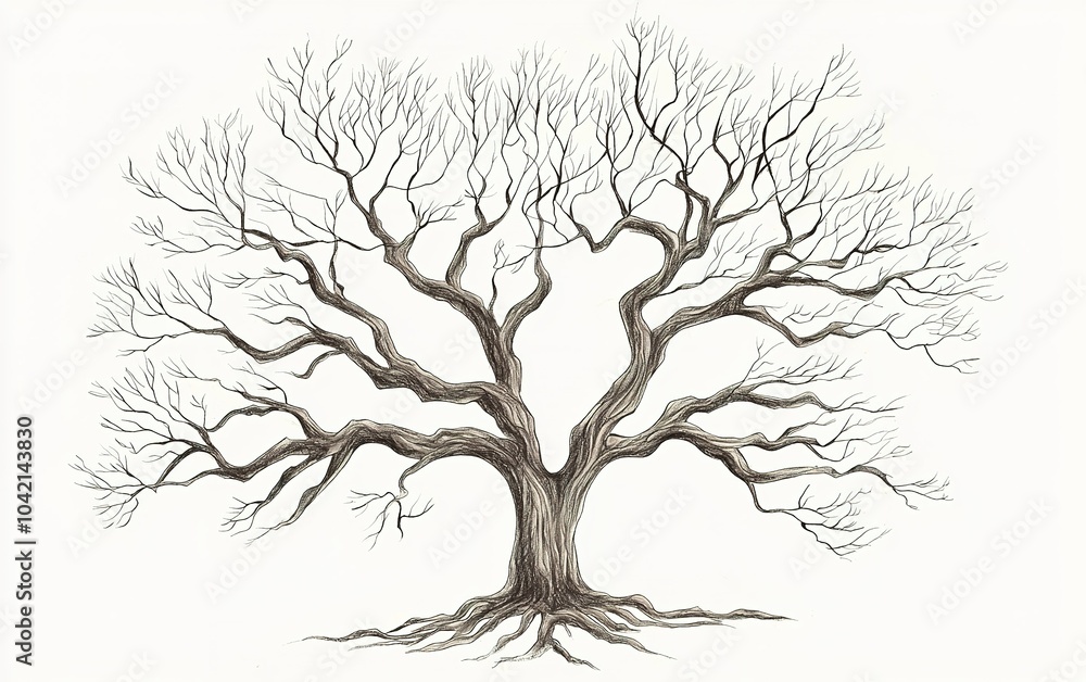 Fototapeta premium A large, bare tree with intricate branches, showcasing its structure during the winter season against a plain background