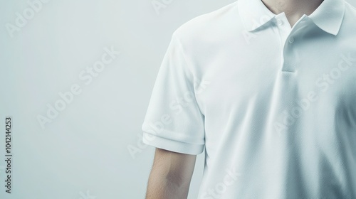 Close-up of a person wearing a white polo shirt, showcasing a minimalistic style against a light background