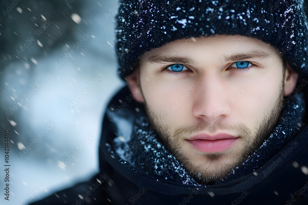 portrait of a man with a beard, scarf and hat in the cold winter with snow and snowflakes around portrait of a man with a beard, scarf and hat in the cold winter with snow and snowflakes around