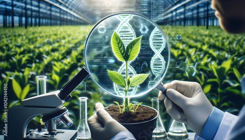 Plant Genetic Research: Scientist Examining Plant with Magnifying Glass