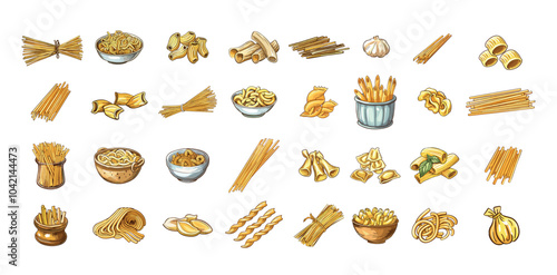 Different pasta types cartoon vector set. Linguine spaghetti rigatoni ravioli italian asian wok macaroni rice flour pots noodles, culinary food cooking groceries ingredients isolated elements