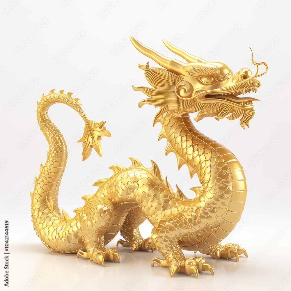 Fototapeta premium A majestic golden dragon sculpture isolated on white background, symbolizing power and prosperity, with intricate details and a dynamic pose.
