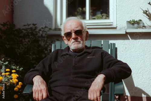 An old man, sitting in the sun in a quaint courtyard. photo