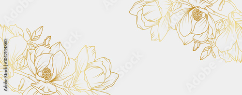Luxury gold magnolia flowers background. Floral pattern tropical in line art style for greeting, invitation, wedding card, wall art, wallpaper and print. Vector illustration