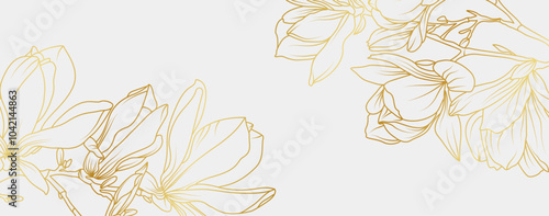 Luxury gold magnolia flowers background. Floral pattern tropical in line art style for greeting, invitation, wedding card, wall art, wallpaper and print. Vector illustration