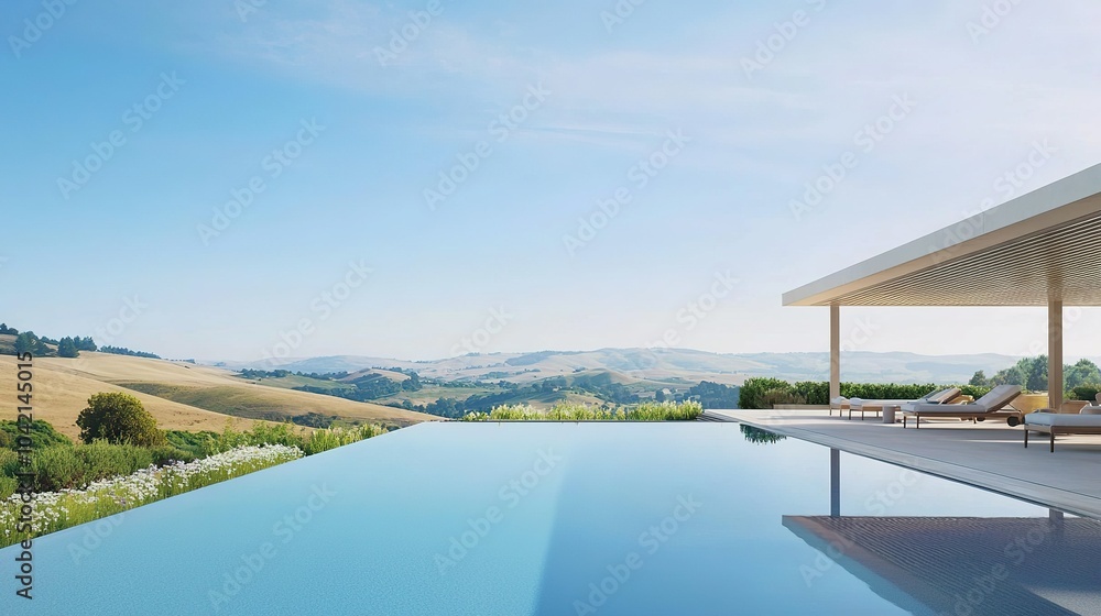 Fototapeta premium Serene infinity pool overlooking rolling hills and lush landscapes in a sunlit rural setting