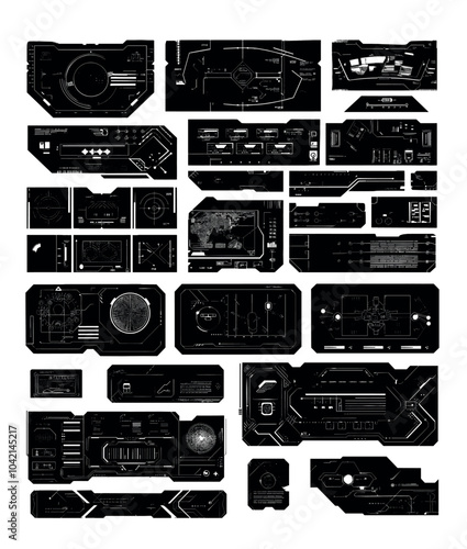 Digital hud interfaces black ink vector set. Dashboards ui geometrical frames futuristic sci fi elements, virtual tech different shapes cyber screens control panels, monochrome isolated artworks