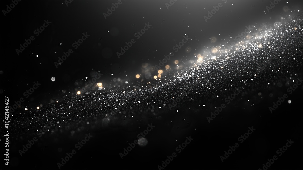 Abstract black noise wallpaper with golden and white sparks, textured dust floating in the dark