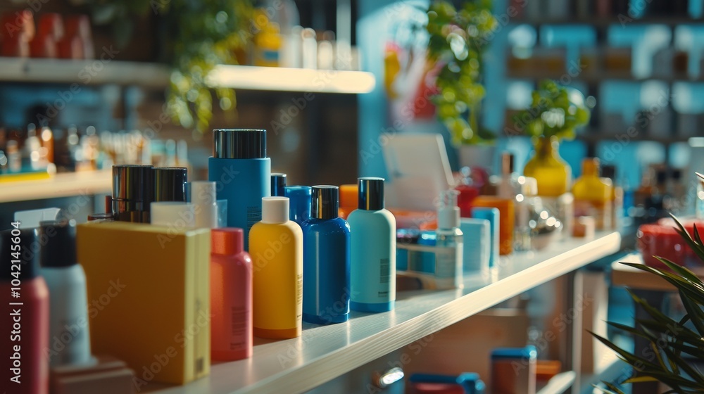 Colorful cosmetic bottles on display in a beauty shop Colorful cosmetic bottles on display in a beauty shop