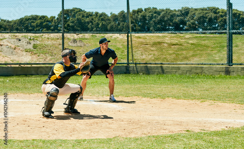 Baseball, match and people with catcher at pitch for league, training or outdoor sports competition. Field, fitness and player with mitt by umpire for workout, exercise or practice game in tournament photo