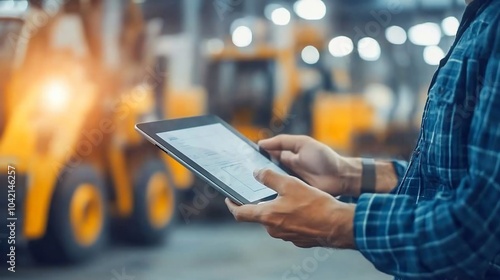 A construction worker uses a digital tablet to review plans and data in a warehouse.