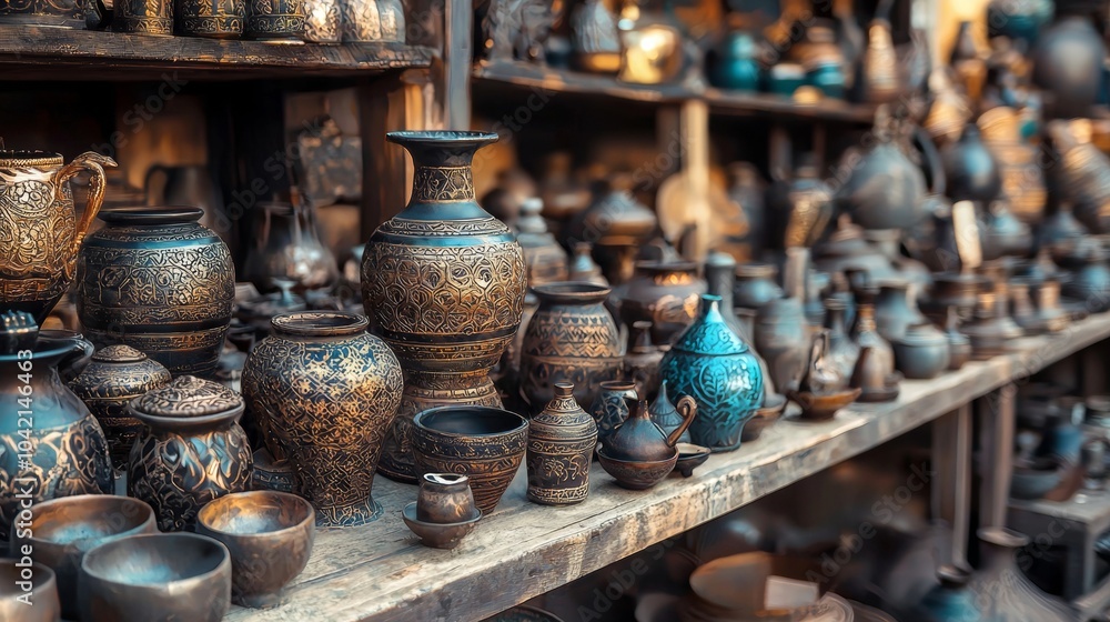 Antique decorative pottery displayed on shelves Antique decorative pottery displayed on shelves
