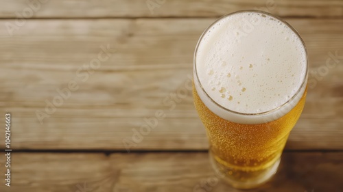 Golden beer in a glass on rustic wooden table, frothy head, inviting refreshment.