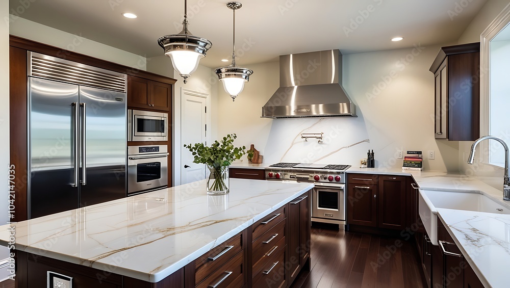 Contemporary kitchen with luxury marble accents and open-plan spacious layout Contemporary kitchen with luxury marble accents and open-plan spacious layout