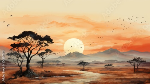 Iconic african landscape watercolor illustration