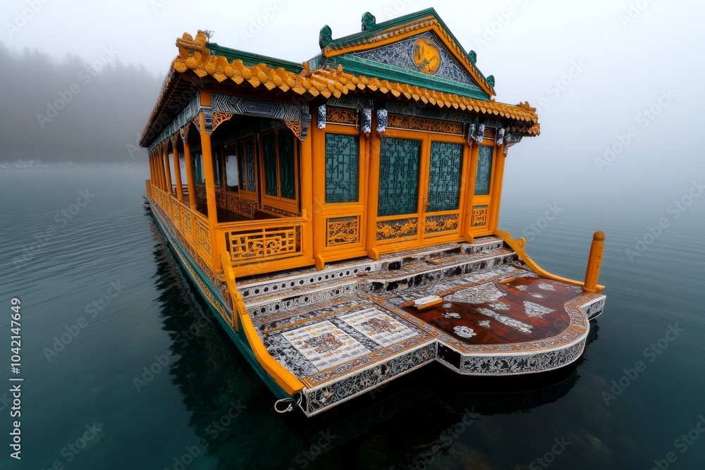 Obraz premium Dark mist rolling over Kunming Lake, with the Marble Boat and pavilions emerging from the fog in a haunting, gothic atmosphere