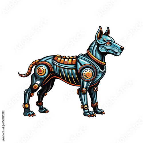 A hyper-realistic, detailed image of a futuristic robotic pet dog, standing with its head turned to the right.