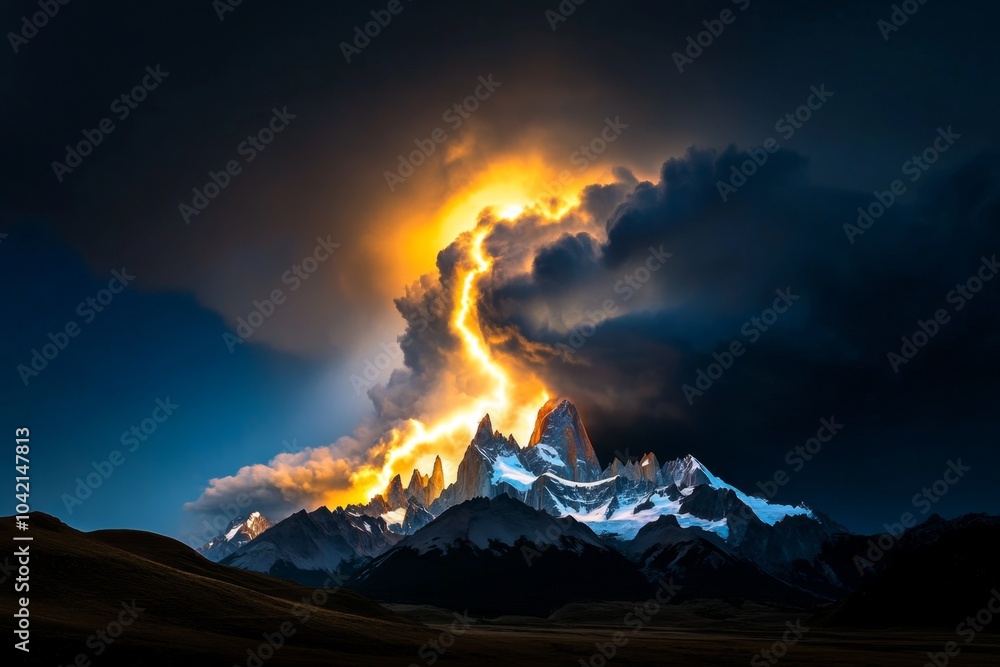 Fototapeta premium Dark, stormy sky over Monte Fitz Roy, with lightning illuminating the jagged peaks and casting long shadows over the rugged landscape