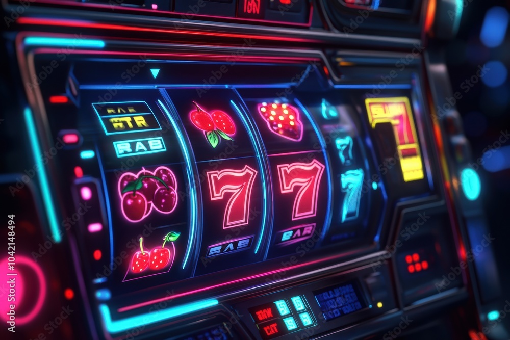 Glowing reels spin on a slot machine, featuring traditional symbols including cherries, sevens, and bars, capturing the thrill of gaming. Generative AI Glowing reels spin on a slot machine, featuring traditional symbols including cherries, sevens, and bars, capturing the thrill of gaming. Generative AI