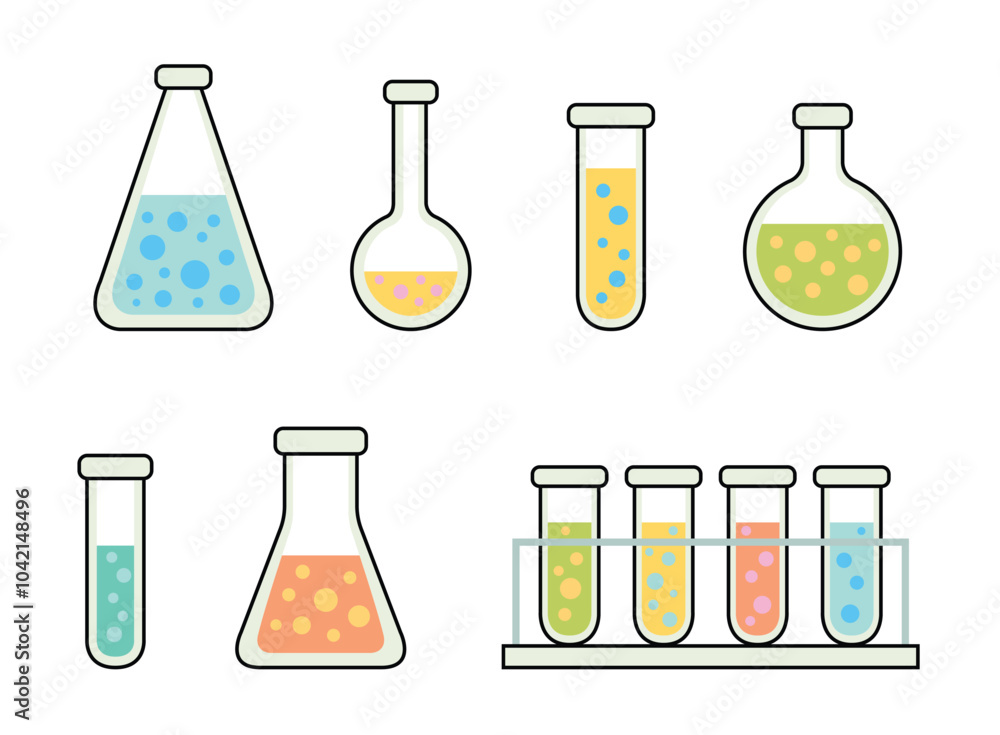 Chemical laboratory set. Chemical test tubes and flasks isolated on a white background. Simple flat style. Chemistry theme. Scientific research vector illustration Chemical laboratory set. Chemical test tubes and flasks isolated on a white background. Simple flat style. Chemistry theme. Scientific research vector illustration
