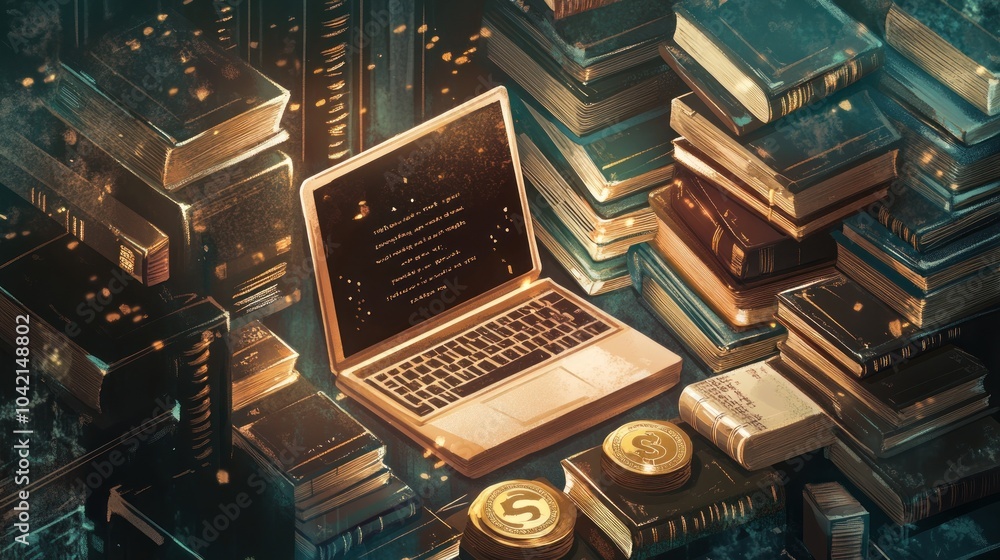 A laptop computer rests on a table surrounded by stacks of books. A laptop computer rests on a table surrounded by stacks of books.