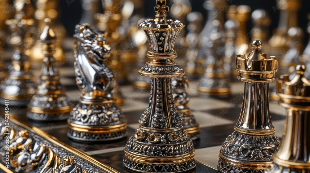 Detailed silver and gold chess pieces on an elegant chessboard, each piece carefully crafted. Detailed silver and gold chess pieces on an elegant chessboard, each piece carefully crafted.