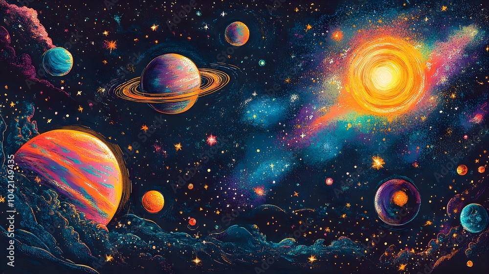 Naklejka premium Hand-Drawn Cosmic Scene with Colorful Planets