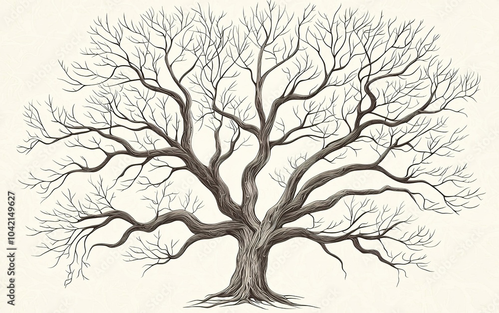 Obraz premium A detailed line drawing of a large, leafless tree with intricate branches set against a plain background