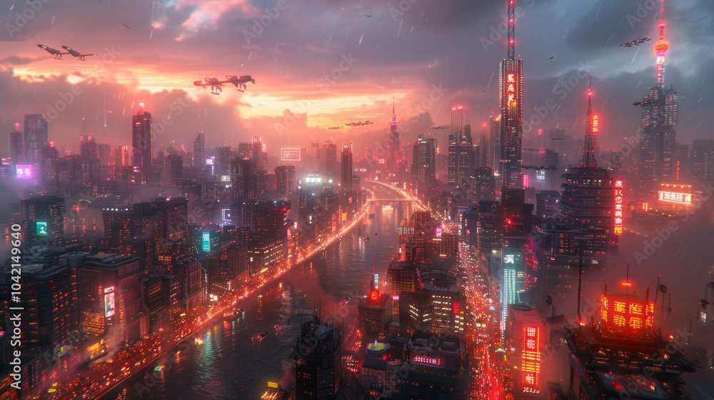 Fototapeta premium Bright city with skyscrapers and neon lights along a river at twilight, featuring flying vehicles, Generative AI