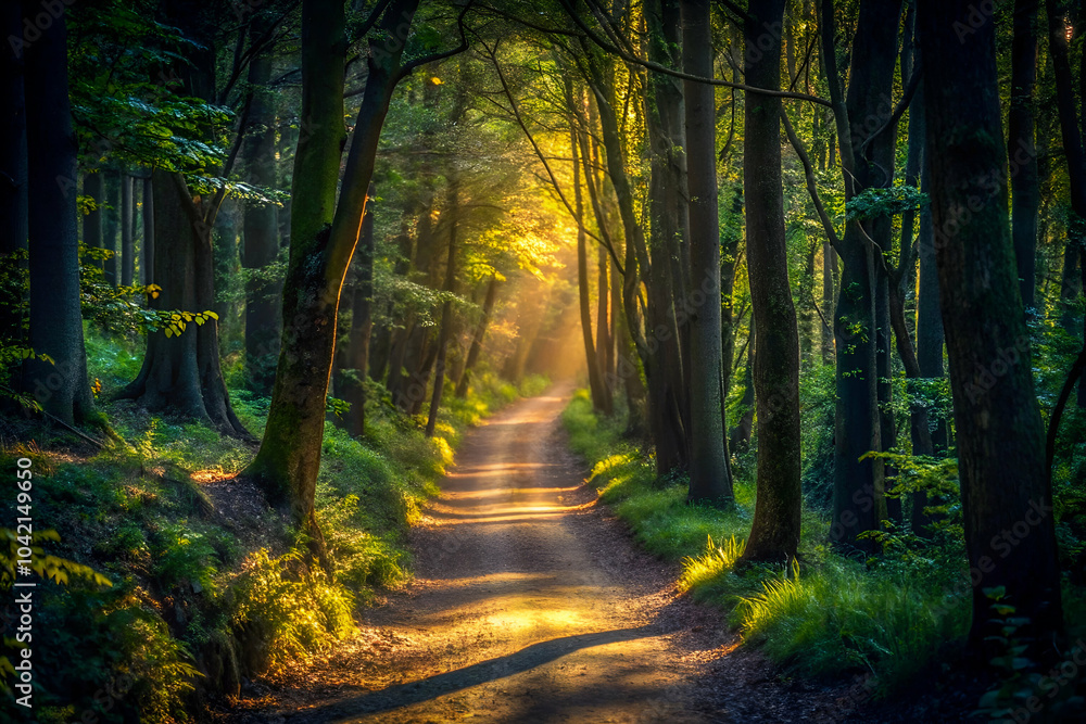 Fototapeta premium A serene forest path illuminated by golden sunlight, surrounded by lush trees and greenery, inviting exploration and tranquility.