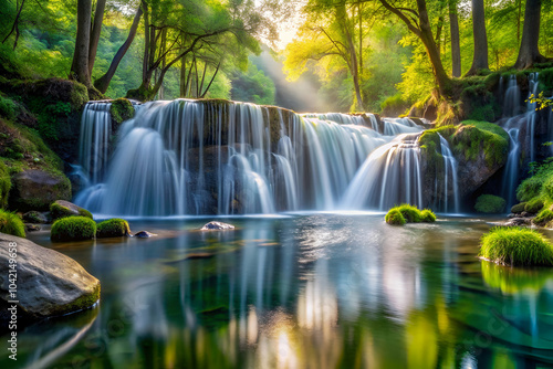 A serene waterfall cascades into a tranquil pool, surrounded by lush greenery and illuminated by soft sunlight filtering through the trees.