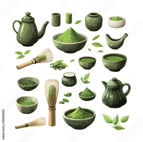 Green matcha cartoon vector set. Cups leaves whisk spoon tea powder stone teapot ceramic bowl, eastern traditional asian japanese ceremony accessories, isolated illustrations on white background