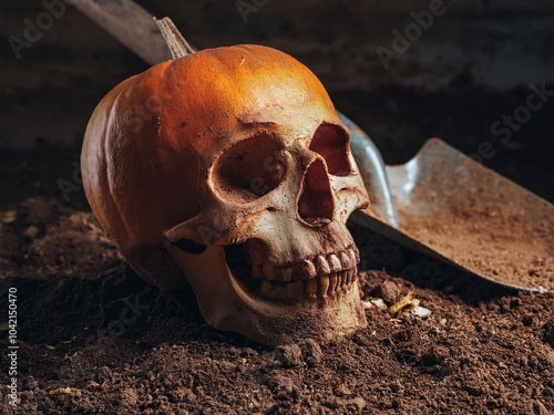 halloween background with skull and shovel photo