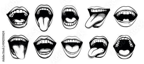 Grinning smiling mouths black ink sketch vector set. Lips plump teeth tongue open closed human face different emotion part, monochrome isolated illustrations on white background