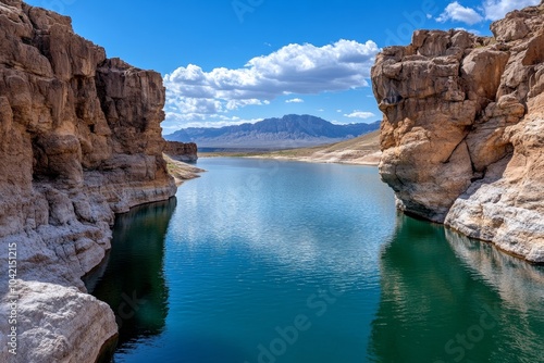 Fantasy-inspired Marfa coastline, with sparkling, mystical waters and ethereal light illuminating the cliffs