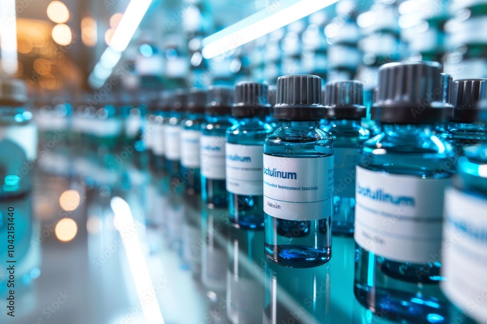 Bottles with blue liquid are lined up on a reflective surface. Concept of medicine or cosmetics. For pharmaceutical or cosmetic product photos. Bottles with blue liquid are lined up on a reflective surface. Concept of medicine or cosmetics. For pharmaceutical or cosmetic product photos.