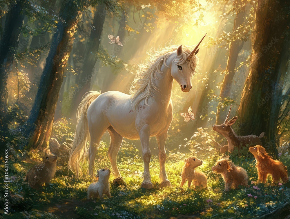 A young unicorn playing with forest animals in a serene woodland setting, with soft sunlight filtering through the trees A young unicorn playing with forest animals in a serene woodland setting, with soft sunlight filtering through the trees