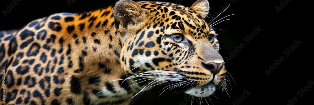 Obraz premium ジャガーが黒い背景の前でじっと見つめている瞬間、野生の魅力を感じる